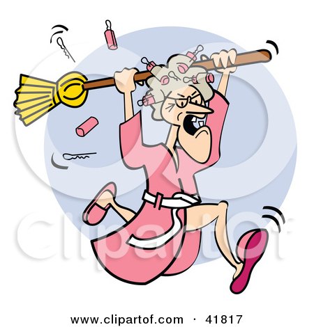 Clipart Illustration of an Angry Granny In A Robe, Dropping Curlers While Chasing Someone With A Broom by Andy Nortnik