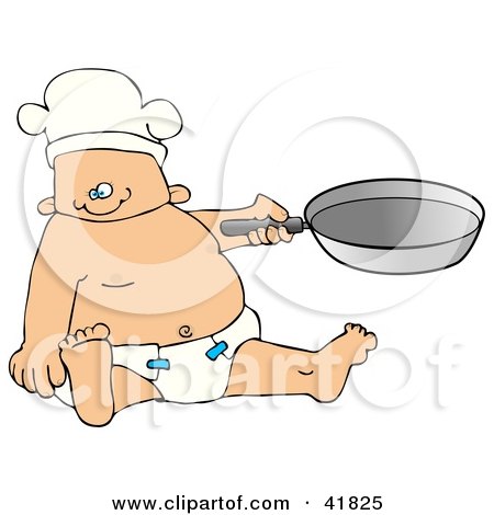 Clipart Illustration of a Baby Boy Chef In A Diaper And Hat, Holding A Pan by djart