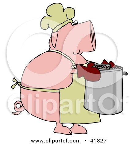 Clipart Illustration of a Pink Pig Chef In A Hat And Apron, Carrying A Pot Of Beans by djart