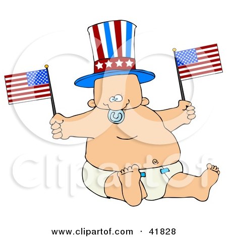 Clipart Illustration of an Uncle Sam Baby Boy In A Diaper, Waving American Flags by djart