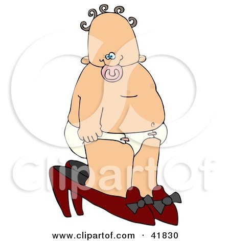 Clipart Illustration of a Curly Haired Baby Girl In A Diaper, Walking In High Heels by djart