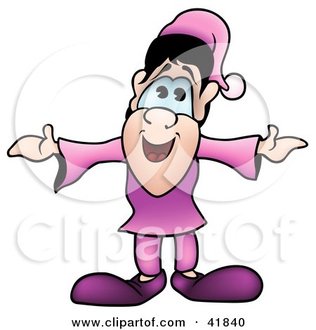 Clipart Illustration of a Happy Dwarf Dressed In Purple, Holding His Arms Out by dero