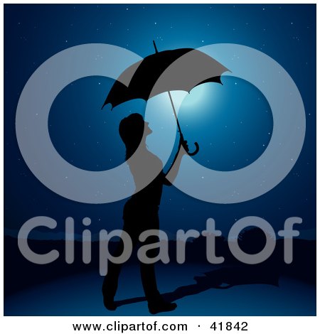 Clipart Illustration of a Black Silhouetted Woman Holding An Umbrella Under A Night Sky by dero