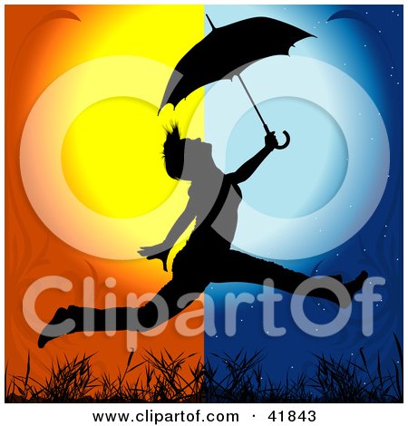 Clipart Illustration of a Black Silhouetted Woman Leaping With An Umbrella From Day Into Night by dero