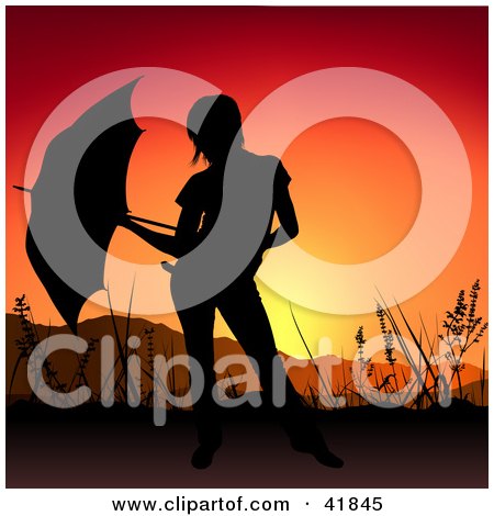 Clipart Illustration of a Black Silhouetted Woman With An Umbrella, Against A Sunset by dero