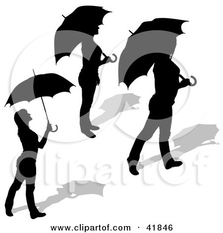 Clipart Illustration of Three Black Silhouetted Women Standing With Umbrellas by dero