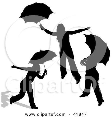 Clipart Illustration of Three Black Silhouetted Women Playing With Umbrellas by dero