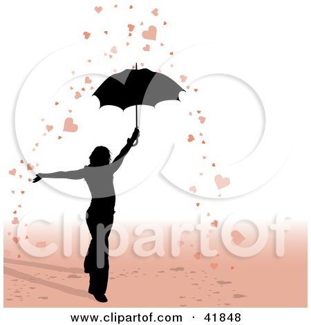 Clipart Illustration of a Black Silhouetted Woman Under An Umbrella In A Shower Of Hearts by dero
