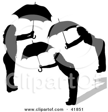 Clipart Illustration of Three Black Silhouetted Women Bending Over And Holding Umbrellas by dero