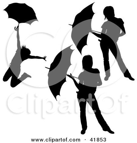 Clipart Illustration of Three Black Silhouetted Women Posing With Umbrellas by dero