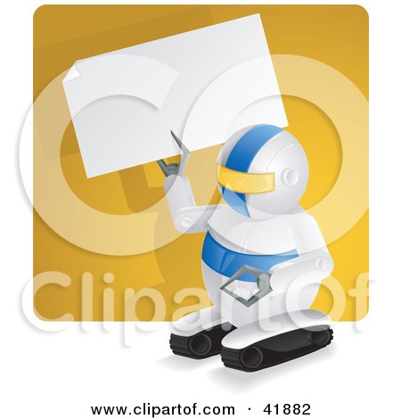 Clipart Illustration of a Compact Robot Holding Up A Blank Sign In Front Of A Yellow Wall by Paulo Resende