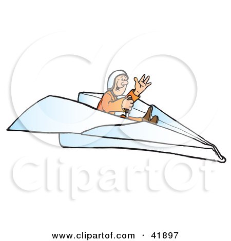 Clipart Illustration of a Waving Pilot Flying A Paper Plane by Snowy