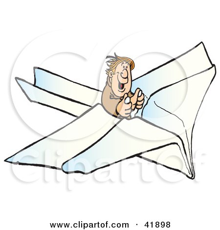 Clipart Illustration of a Happy Male Pilot Flying A Paper Airplane by Snowy