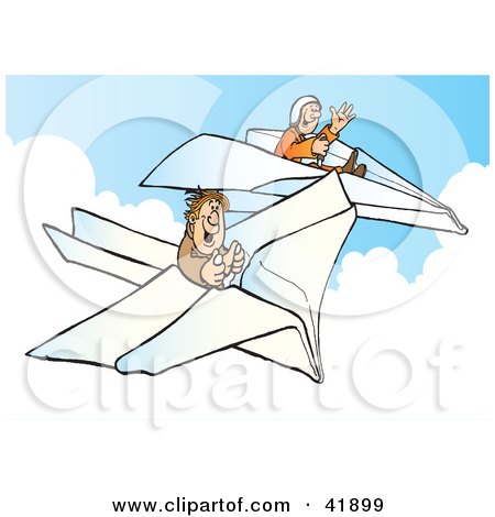 Clipart Illustration of Two Happy Pilots Flying Paper Planes In The Sky by Snowy