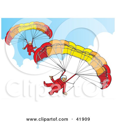 Clipart Illustration of Two Paragliders Descending In The Sky by Snowy