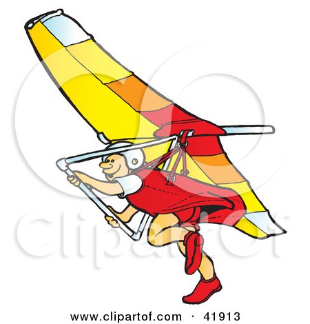 Clipart Illustration of an Amazed Smiling Hangglider Gliding by Snowy