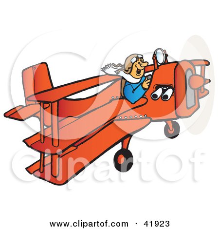 Clipart Illustration of a Happy Male Pilot Flying An Orange Triplane by Snowy