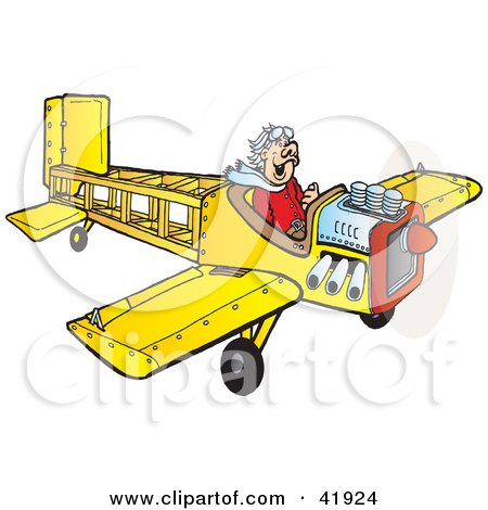 Clipart Illustration of a Happy Pilot Flying A Yellow Wooden Plane by Snowy