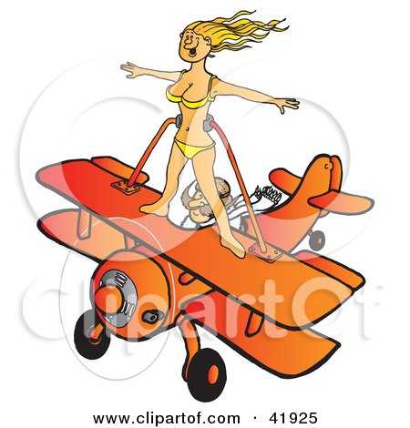 Clipart Illustration of a Pilot Flying An Orange Biplane While A Female Wingwalker In A Bikini Stands On The Wings by Snowy
