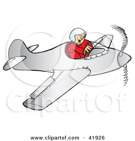 Clipart Illustration of a Grinning Pilot Flying a Plane by Snowy