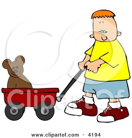 Boy Pulling His Teddy Bear in a Red Toy Wagon Clipart by djart