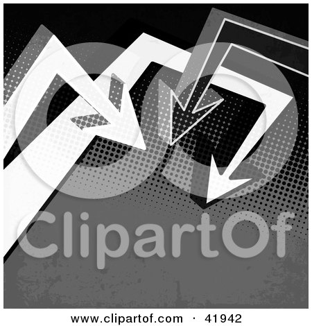 Clipart Illustration of a Gray Dotted Background With White Arrows Pointing To Text Space by Arena Creative