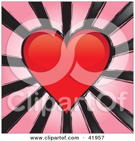 Clipart Illustration of a Red Heart With Black Grunge Lines On Pink by Arena Creative
