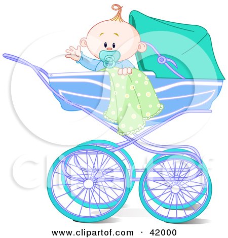 Clipart Illustration of a Waving Baby Boy With A Blanket And Pacifier, In A Carriage by Pushkin