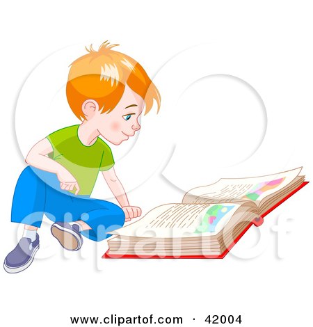 Clipart Illustration of a Red Haired Little Boy Sitting On The Floor And Reading A Story Book by Pushkin
