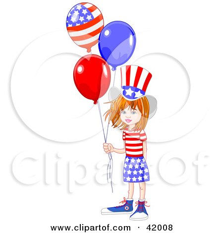Clipart Illustration of a Happy American Girl Wearing The Stars And Stripes, Holding Patriotic Balloons by Pushkin