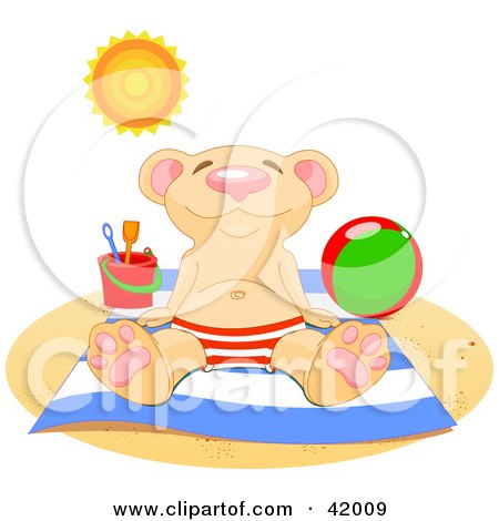 Clipart Illustration of a Relaxed Bear Soaking Up The Sun On A Beach by Pushkin