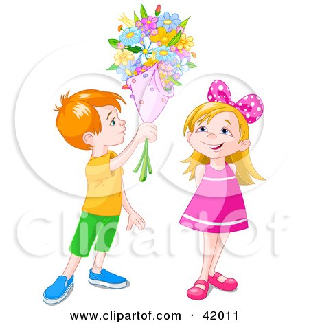 Clipart Illustration of a Red Haired Boy Holding A Flower Bouquet Over A Little Girl by Pushkin