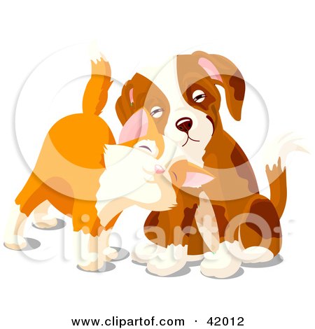Clipart Illustration of a Cute Orange Kitten Rubbing Against A Sad Puppy by Pushkin