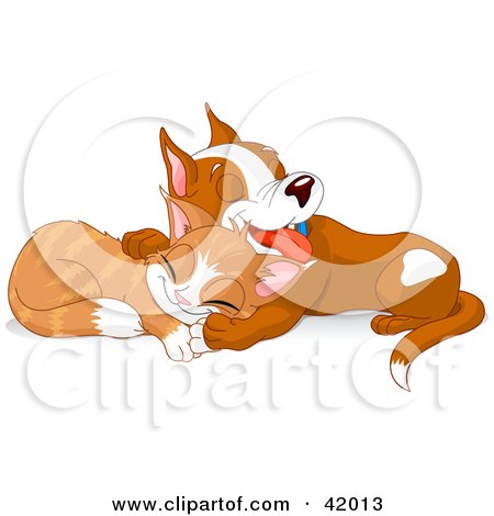 Clipart Illustration of an Adorable Puppy And Kitten Taking A Nap Together by Pushkin