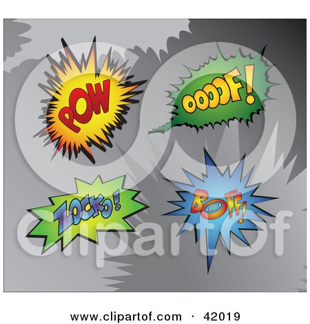 Clipart Illustration of Four Colorful Super Hero Pow, Oooof, Zocko, And Boff Sound Balloons by stockillustrations