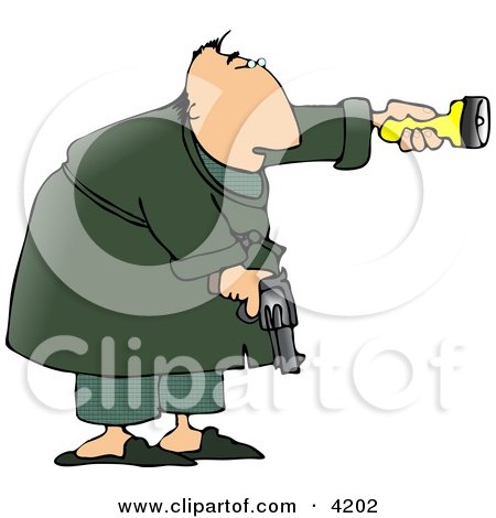 Alert Man at Night, Pointing a Flashlight and Holding a Pistol Clipart by djart