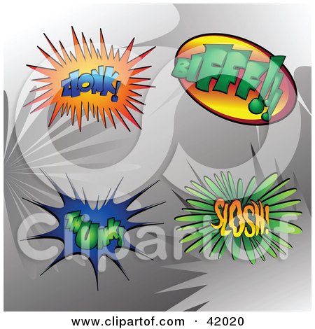 Clipart Illustration of Four Colorful Super Hero Zlonk, Bifff, Thunk, And Slosh Sound Balloons by stockillustrations