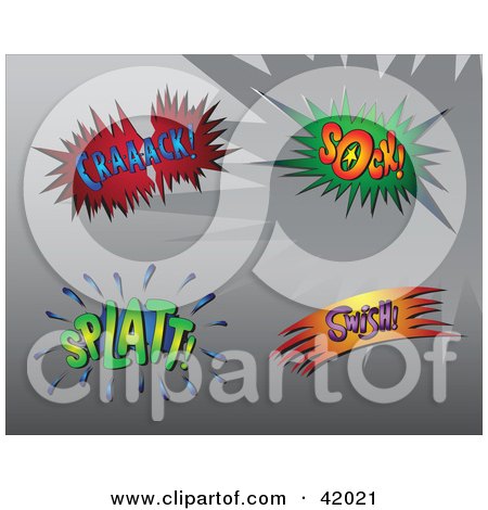 Clipart Illustration of Four Colorful Super Hero Crack, Sock, Splatt And Swish Sound Balloons by stockillustrations