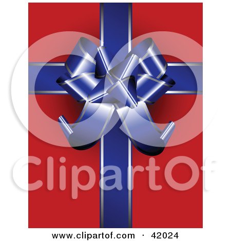 Clipart Illustration of a Gift Wrapped In Red Paper, Decorated With A Blue Ribbon And Bow by stockillustrations