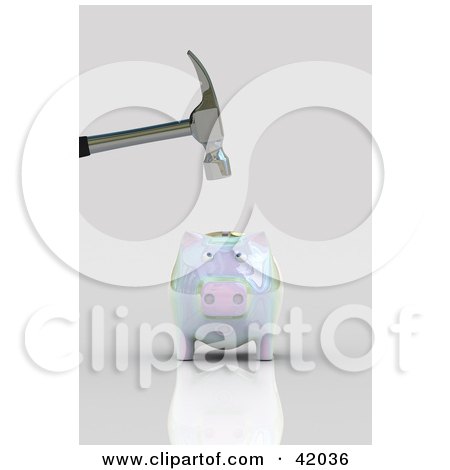 Clipart Illustration of a Hammer Above A Nervous Opalescent Piggy Bank by stockillustrations