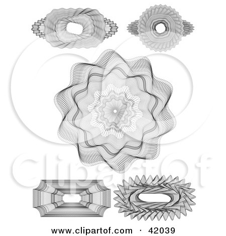 Clipart Illustration of Five Intricate Guilloche Designs On A White Background by stockillustrations