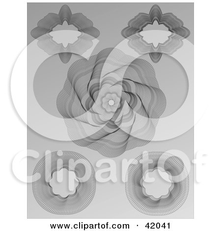 Clipart Illustration of Five Intricate Guilloche Patterns On A Gray Background by stockillustrations