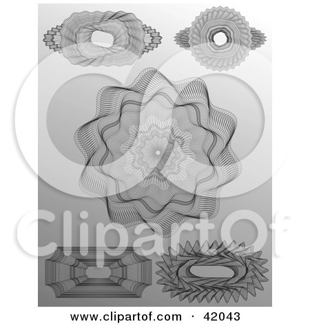 Clipart Illustration of Five Intricate Guilloche Designs On A Gray Background by stockillustrations