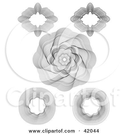 Clipart Illustration of Five Intricate Guilloche Patterns On A White Background by stockillustrations