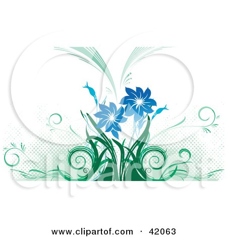 Clipart Illustration of a Green And Blue Grunge Background Of Flowers And Dots On White by L2studio