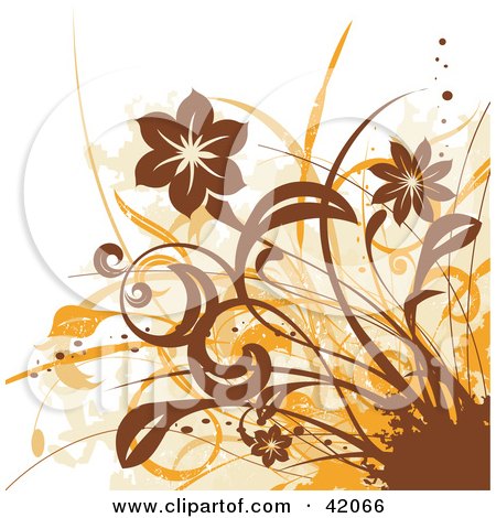 Clipart Illustration of a Grunge Brown And Orange Floral Background On White by L2studio