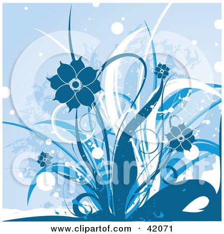 Clipart Illustration of a White And Blue Grunge Floral Background Of Flowering Plants by L2studio