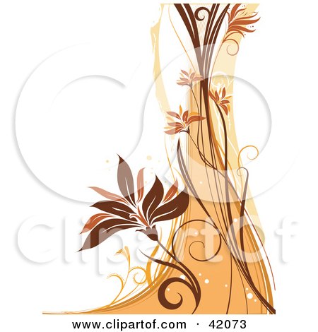 Clipart Illustration of a Grunge Floral Background Of An Orange And Brown Wave And Vine On White by L2studio