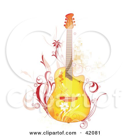 Clipart Illustration of a Grunge Yellow Guitar With Pink Vines And Flowers by L2studio