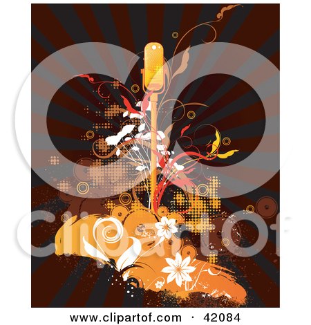 Clipart Illustration of a Bursting Brown Grunge Background With A Microphone And Vines by L2studio